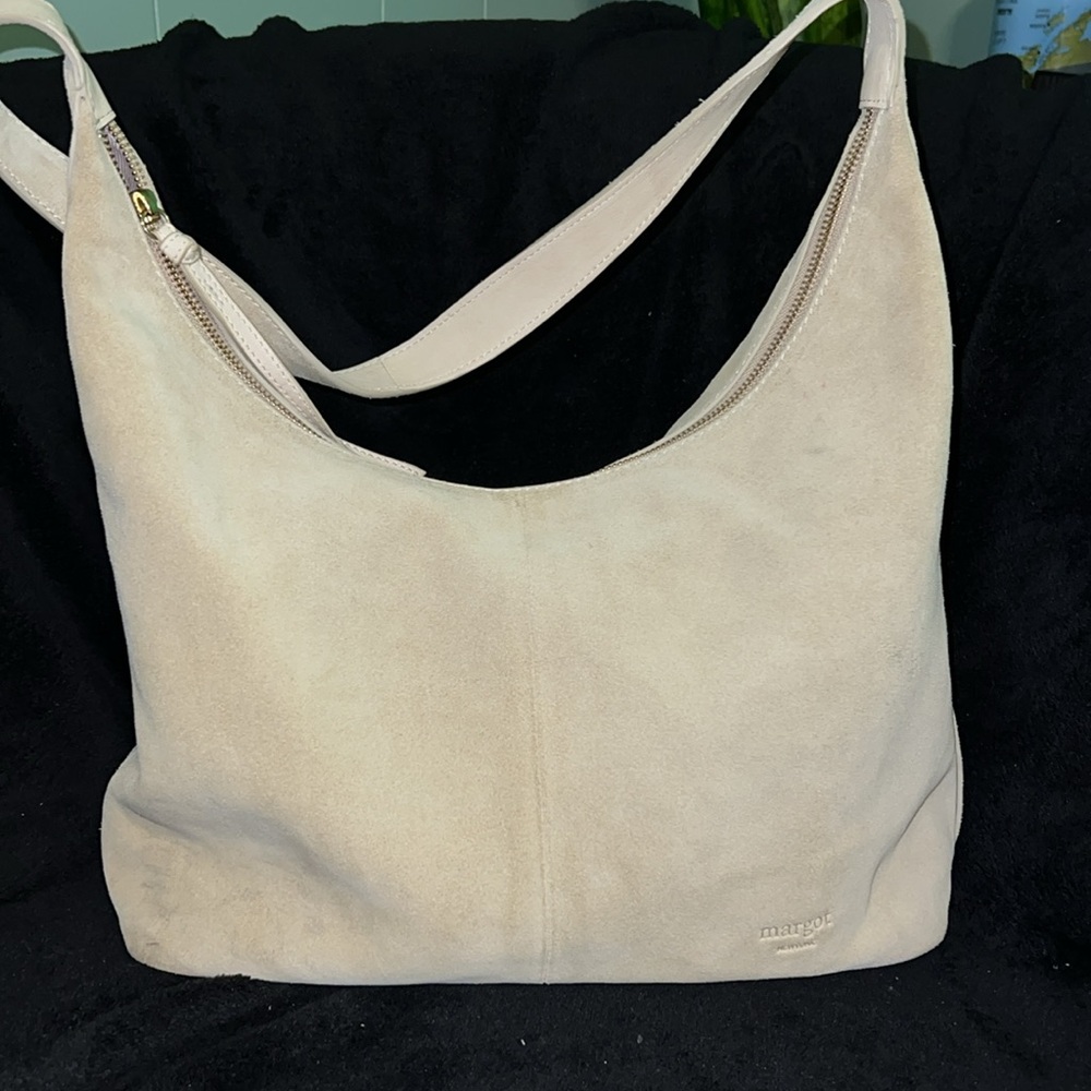 Margot New York Gabi Maxi Hobo Suede Leather Purse Shoulder Bag Cream